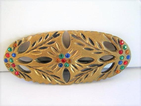 Art Deco Brooch, Multicolor Rhinestones, Gilt Gold Over Wood Brooch, Gift for Woman