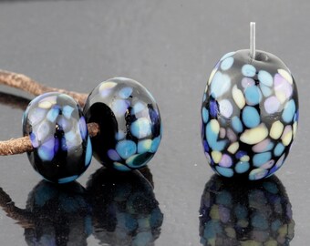 Mozaic Focal and Matching Pair Handmade Lampwork Beads by Pink Beach Studios 3 count (1870)
