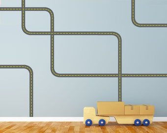 Wall Decals Gray Road with Yellow Lines Curved & Straight, Removable and Reusable