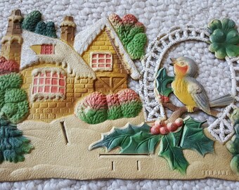 Vintage German Die Cut Embossed Calendar Topper Cottage Blue Bird Robin Holly Shamrocks