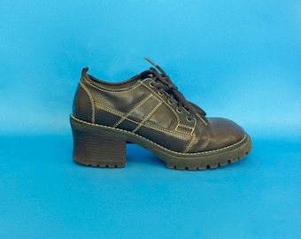 Vintage 90s Brown Lace up Chunky Heel Boots Oxford Tie Shoes 7 1/2