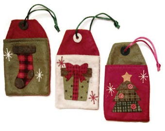 Christmas Gift Card Holders Ornaments ~ Embroidered Felt Gift Tags ~ Country Plaid Xmas Tree, Presents, Stocking Stuffer Gifts Under 5
