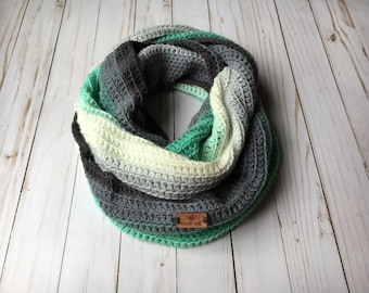 Hilltop Scarf, Mint & Gray - crocheted scarf - infinity scarf - ombre infinity scarf - spring scarf - vegan scarf - crocheted scarves
