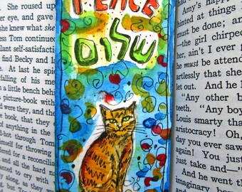 Shalom Art, Cat Bookmark, Love and Peace, Original Watercolor, Jewish Gifts, Hebrew, Hamsa Hand, Cat Painting, Judaica Art, Hamsa Eye