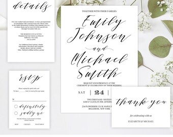 Modern Calligraphy Wedding Invitation Suite, Printable Wedding Invitation Template, Wedding Invitation, DIY Wedding Download Editable WI4