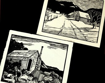 2 NEW ENGLAND block print images / vintage 40s original woodcut or lino linoleum prints, fisherman w lobster pots and cabin, black and white