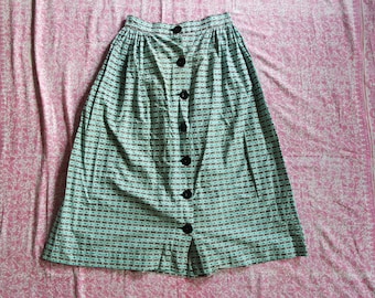 Vintage 1950s Novelty Print Cotton A-Line Skirt - 50s Cotton Button Front Skirt - Novelty Print Fabric