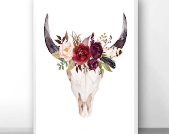 Tribal bullhead, floral bullhead, bullhead art print, tribal bullhead art, bullhead wall art, cow skull wall art, floral bull skull,