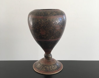 Vintage, Brass Vase, Etched Brass Vase, Indian Brass Vase, Brass Decor,Bohemian, Boho, Engraved Vase,Pedestal Brass Vase,Indian Brass, Vase