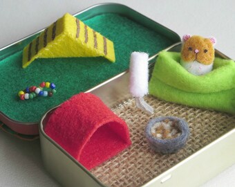 Hamster miniature felt stuffed animal- plushie -Altoid tin playset- handmade- sleeping bag ramp -house -play food -water bottle-felt animals