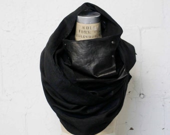 Spring, black linen & leather scarf, Unique Scarves, Fashion Accessories, Cool, Gifts, artlab brooklyn