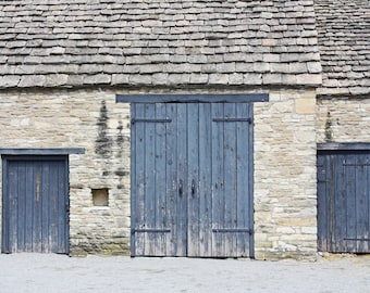 3 Blue Doors in a Stone Barn - Color Photograph