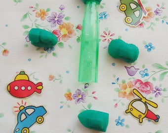 Three Cute Mini 80s Erasers plus one Pencil Top and Four Stickers.