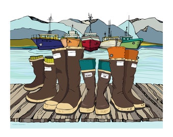 Alaska art, illustration design, alaskan scene, landscape artwork, 11x14 16x20 art print, lake decor, illustration print, xtra tuf art