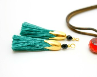 2 Emerald Green tassels, tassel gold tassel 45 mm cotton tassel Turquoise Pompom tassels handmade tassel for jewelry, tassel charm