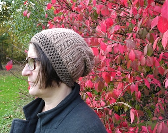 Two tone brown hand knit hat 100% wool