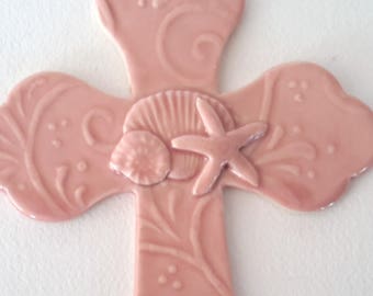 Wall Cross // Pink Ceramic Cross // Hanging Wall Cross Seashells // Small Wall Cross // Christian Gift