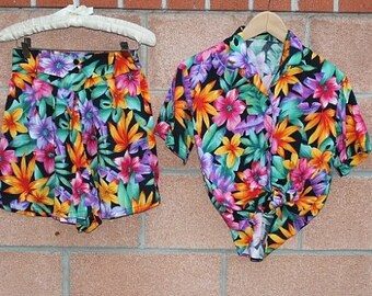flower print high waisted shorts set