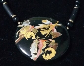 Vintage Painted Ceramic with metal and plastic beads Asian look pendant necklace