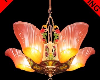 Art Deco Chandelier Antique original rose pink & yellow color frosted glass 5 light Slip shade, polychrome finish - ceiling fixture, c1930s