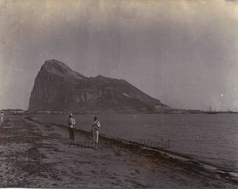 Rock of :Gibraltar soldier on shore antique photo