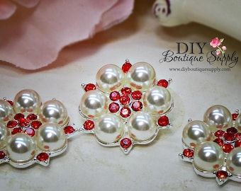 RED Rhinestone & Pearl buttons Valentine's Day Crystal Embellishments Headband Supplies flower centers Metal Flat back 5 pcs 26mm 461063