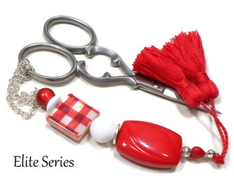 Red Gingham Scissor Fob, Scissor Minder, Scissor Keeper, Beaded Key Fob, Red Tassel, Needlepoint, Quilting, Sewing Accessory Cross Stitch