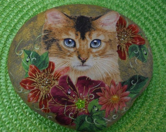 Calico Cat Kitten Feline Painted Decoupage Rock Art Flowers Collectable Gift