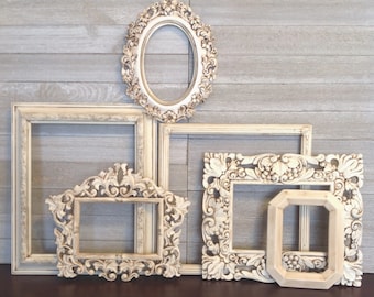 6 Piece Antique White Frame Gallery - Baroque Ornate Open Wall Frames - Frame Wall Decor