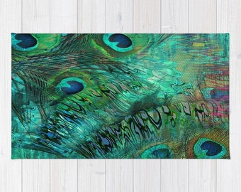 Peacock Feather Abstract Rug, Throw or Area , Woven Dobby