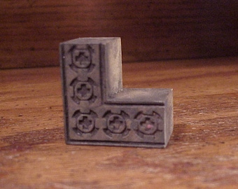 Vintage Border Corner Wooden Print Block with Cross in Circle Pattern, Small, Home, Industrial Decor, Letterpress, L Shaped, Wood