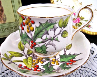 Royal Albert Tea Cup and Saucer FOTM Series Teacup Holly Painted Beaded Set