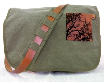 canvas messenger bag with leather accents tree bag - olive green