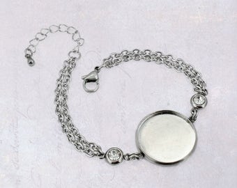 1 x Stainless Steel 20mm Cabochon Bracelet Blank Bezel Setting with Clear Rhinestones