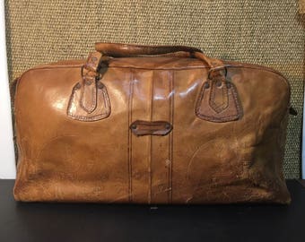 Vintage 1990's Brown Leather Small Size Travel Bag / Overnight Bag
