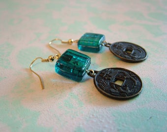 Faux Coin and Glass Dangling Earrings
