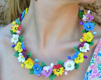 Pansy necklace. Rustic necklace. Flower necklace . Pansy jewelry. Yellow blue. Yellow purple.