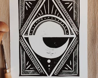 Lunar-Sun Triangle Print - Lino | Block Print | Home Decor | Art Print | Handmade | Art