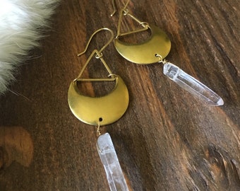 Quartz Point Brass Moon and Triangle Earrings