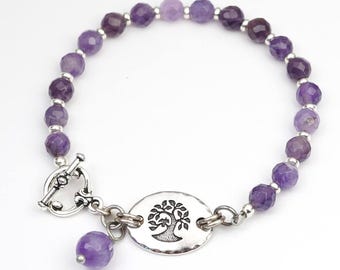 Amethyst tree bracelet, purple semiprecious stone beads, silver, 7 3/4 inches long