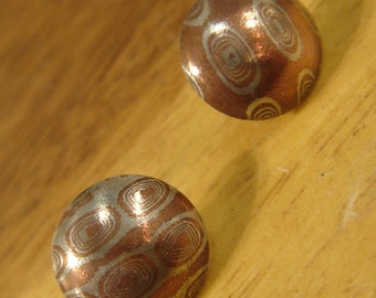 Mokume stud earrings copper and Sterling silver wood grain pattern handmade One of a kind Circle studs