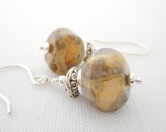 Crazy Lace Agate Drop Earrings, Stone Bead Earrings, Agate Jewelry, Dangle Earrings - Gray, Tan, Brown, Yellow, Cream, Rust, Silver