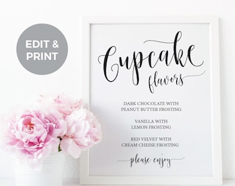 Cupcake Flavors Wedding Reception Sign, Printable Wedding Cupcake Sign, Cupcake flavors sign, Wedding Template Cupcake Sign