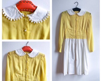 60's Vintage || Dress || Peter Pan Collar || 50's || Yellow || Front Button Dress || Full Skirt || Size S-M