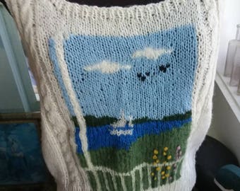 Vintage hand knit wool cable knit sailboat sweater vest. SALE!!!