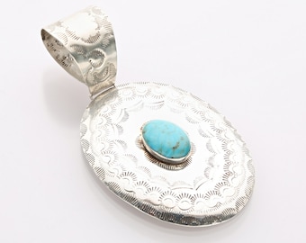 Original Design Hand-stamped Royston Turquoise Sterling Silver Pendant Necklace
