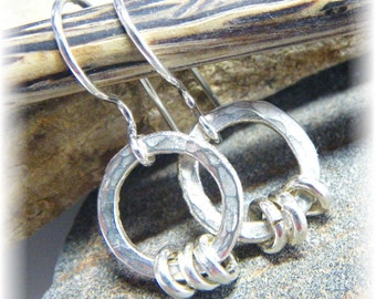 Hammered Artisan Sterling Silver Beaded Small Thick Organic Circle Earrings - Handmade to Order- Super Shiny or Antiqued