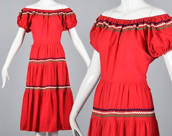 Medium 1950s Bohemian Off Shoulder Dress Red Cotton Summer Dress Ric Rac Rockabilly Square Dance Casual Day Wear 50s Vintage