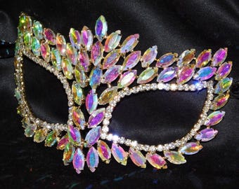 Gold Marquise,Round AB Iridescent Rhinestone Masquerade Mask Mardi Gras Party