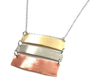 Long Necklace Bar Necklace Handmade Mixed Metal Pendant